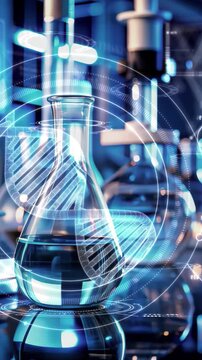 Laboratory glassware displaying futuristic DNA research interface
