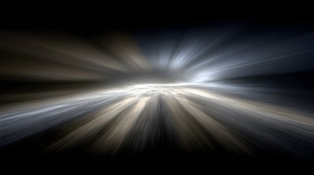 A dramatic, dark abstract design with a central, bright path, radiating light, and streaks of motion blur, creating a sense of speed and direction.