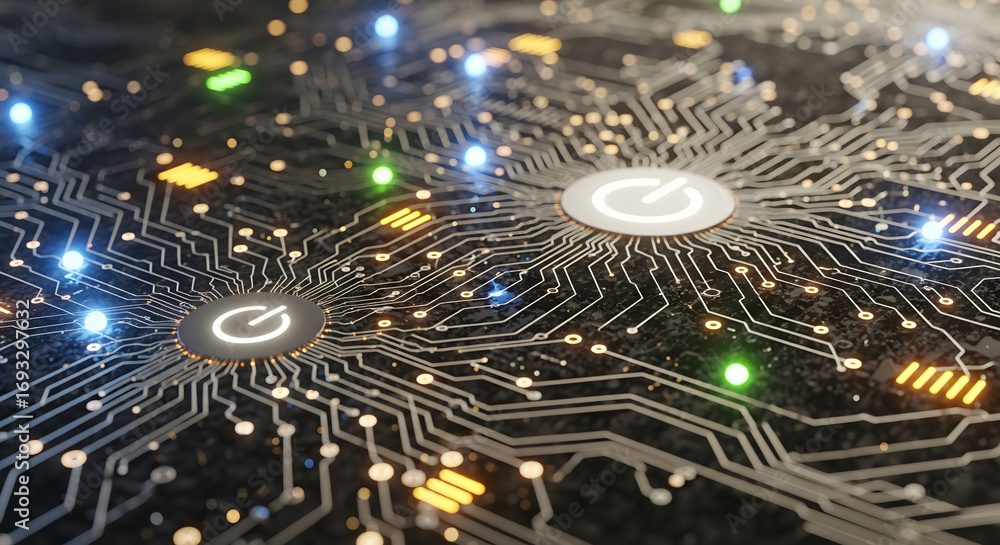 Aufkleber digital circuit board with glowing power buttons