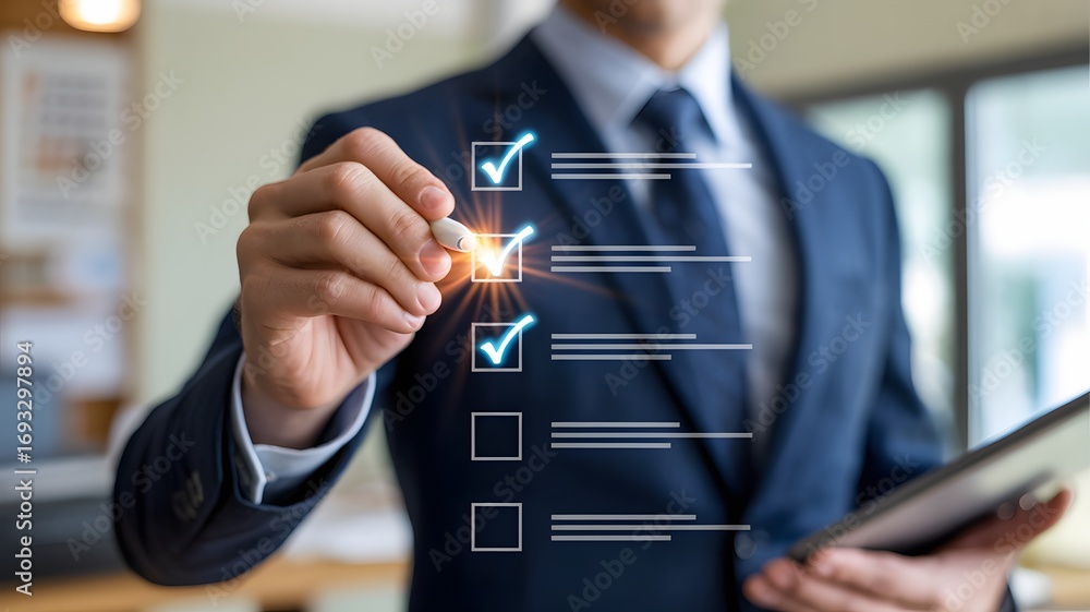 Poster businessman holding tablet and marking digital checklist boxes with check symbols for task managemen