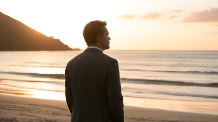 Businessman Standing On Beach Looking At Sunset Over Ocean Horizon For Relaxation Inspiration Motivation And Work Life Balance