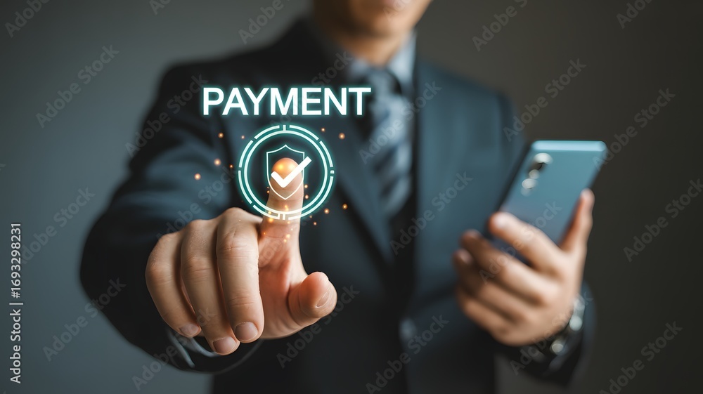 Poster businessman touching digital payment button with security verification symbol while holding smartpho