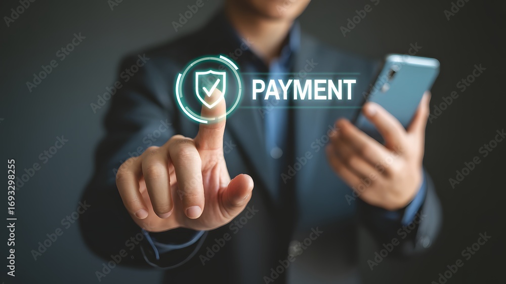 Poster businessman using smartphone and touching digital payment icon with security shield symbol for onlin
