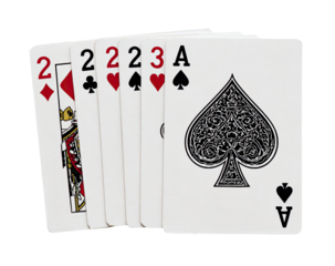Close-up of several playing cards, showing various ranks and suits.  Ranks 2, 3, and Ace are visible.  Cards are arranged in a slightly overlapping stack