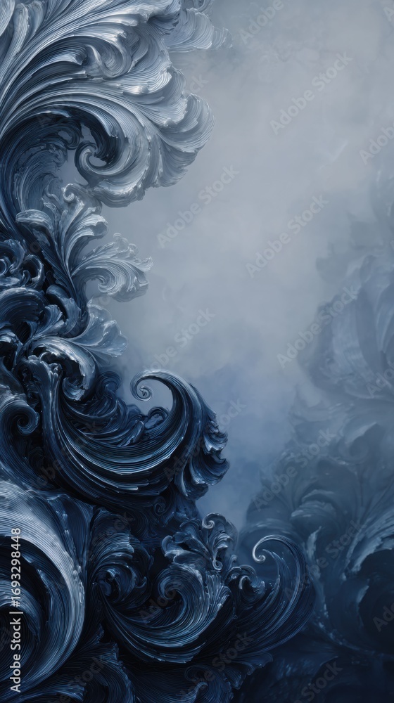 Poster intricate patterns in various shades of blue intertwine, creating a mesmerizing artistic composition