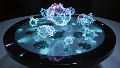 A floating holographic interface hovers above a circular obsidian table