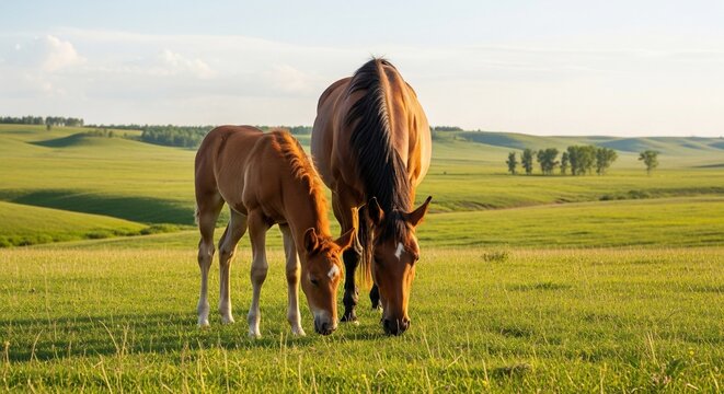 A brown mare and her foal graze peacefully in a lush green meadow under a bright, sunny sky.