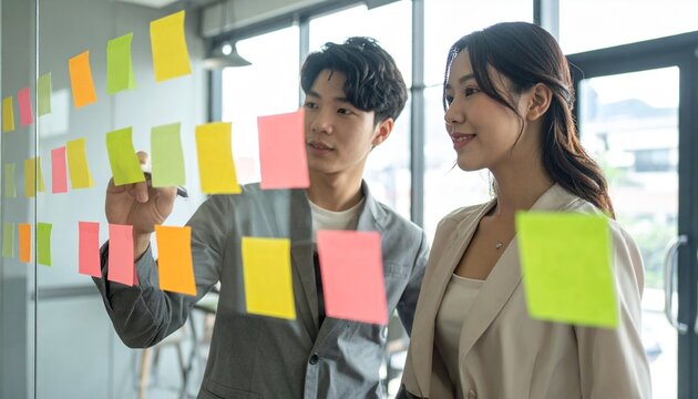 Young Business Colleagues Brainstorming with Sticky Notes