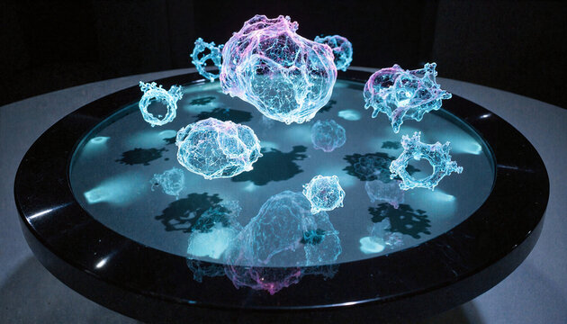 A floating holographic interface hovers above a circular obsidian table