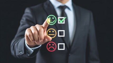 Businessman Touching Customer Satisfaction Feedback Smiley Face Icon With Check Mark For Service Quality And Positive Experience