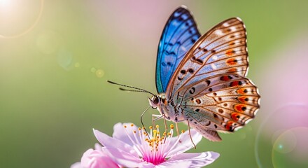 Obraz premium A butterfly with blue and orange patterned wings rests on a delicate pink flower, bathed in soft sunlight with a blurred green background.