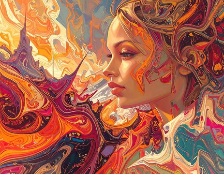Abstract Portrait of Woman Amidst Swirling Orange and Red Hues - Powered by Adobe