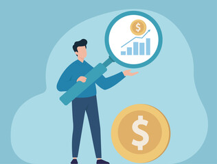 A man uses a magnifying glass to analyze financial data, representing market research, investment growth, and searching for profit opportunities