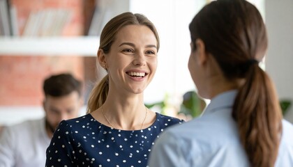 Happy Businesswoman Engaged in Office Conversation