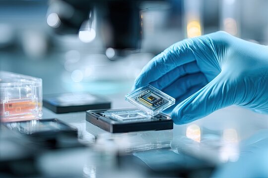 Scientist handling microchip - Powered by Adobe