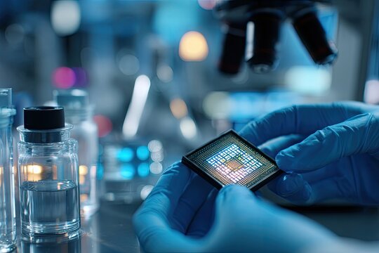 Close-up of a scientist examining a microchip