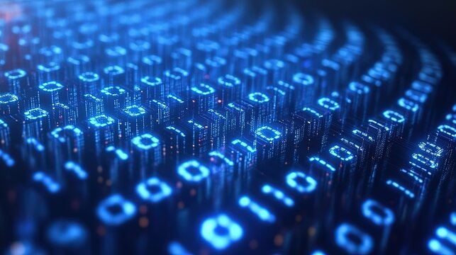 Close - up of Glowing Digital Binary Code in Blue Tones for Tech and Data Visualization 
