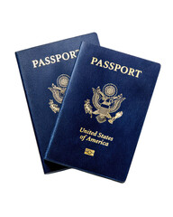 Two US passports, navy blue covers, overlapping