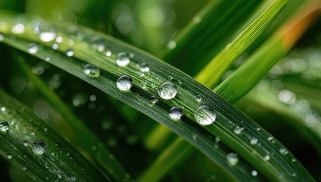 Close-up of dew drops on vibrant green grass blades - Powered by Adobe