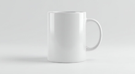 Obraz premium Classic Plain White Ceramic Coffee Mug with Handle, Ideal for Custom Branding, Logo, or Sublimation Design, Isolated on a Bright White Studio Background with Soft Shadows