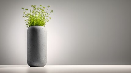 A modern, gray concrete vase with a soft-green plant, set against a simple gray background, presents a stylish and minimalist design.