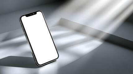 Modern smartphone mockup displays a clean, empty screen against a sophisticated grey and white geometric backdrop lit by directional light.