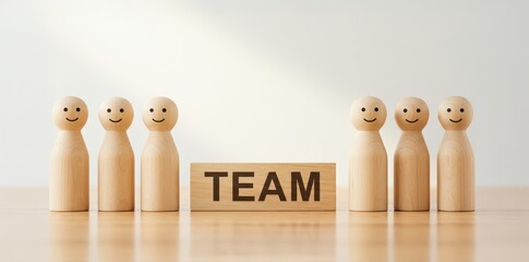 Unified Team: A creative composition of wooden figurines symbolizing a united and collaborative team stands prominently, arranged to showcase collective collaboration and harmonious teamwork.