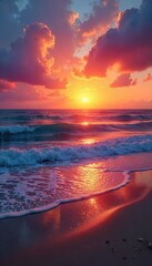 Serene ocean sunrise paints the sky with vibrant hues of orange, pink, and gold Tranquil waves gently lap the shore as the sun ascends A breathtaking start to a new day , pink, radiant, serene