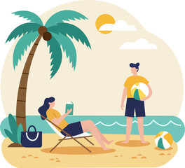 A couple enjoys a relaxing summer vacation on a tropical beach. The woman reads a book in a chair while the man stands nearby with a beach ball