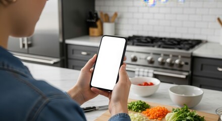 Woman in a kitchen holds a smartphone with a blank white screen, with cut vegetables and cooking utensils visible in the background.