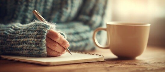 Person writing in notebook with pen, coffee mug on a wooden table
