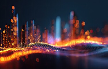 Abstract cityscape with digital wave patterns