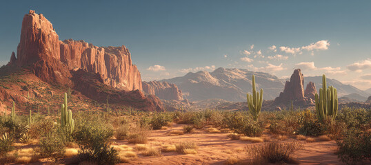 Desert landscape with cacti and red rocks concept. A stunning desert landscape featuring mountains and cacti.