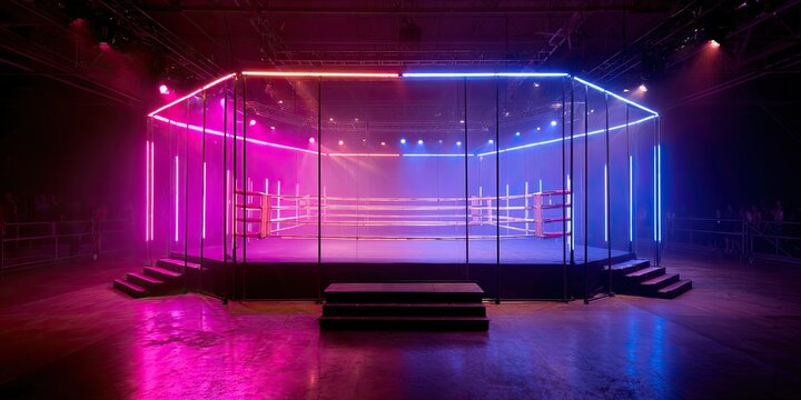 Modern boxing ring lit in vibrant pink and blue hues