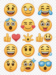 Obraz premium A collection of diverse and expressive emoji faces showcasing a range of emotions, including happiness, surprise, love, and amusement, on transparent background