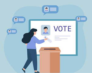 A flat vector illustration of a woman casting her ballot. This concept represents civic duty, democracy, and the modern election process