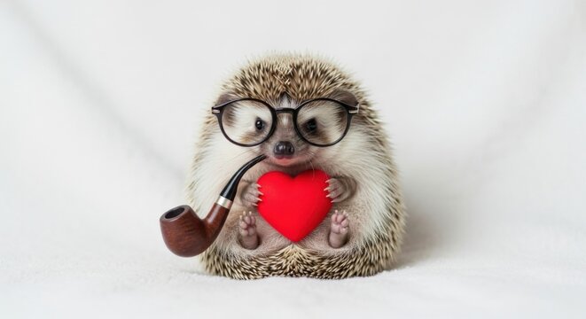 Adorable Hedgehog Gentleman Holding a Heart and Smoking a Pipe