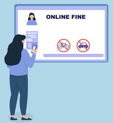 A woman uses her smartphone to check and pay an online fine for traffic violations, showcasing digital convenience for civic penalties