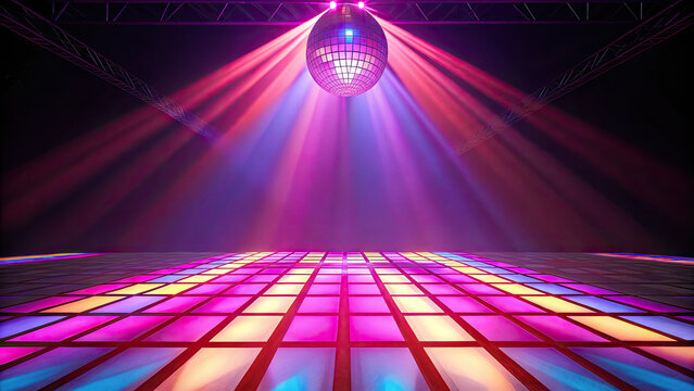 Groovy dance scene in vintage 70s disco background concept. Colorful disco dance floor with sparkling lights and reflections.