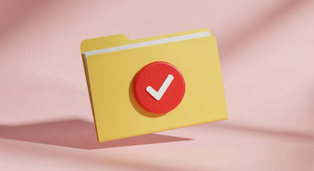 Yellow folder with red check mark floating on pink background