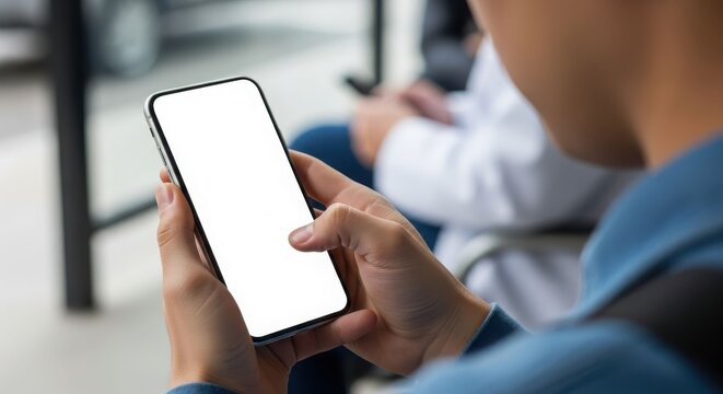 Person using smartphone with blank screen, waiting area, blurred background.