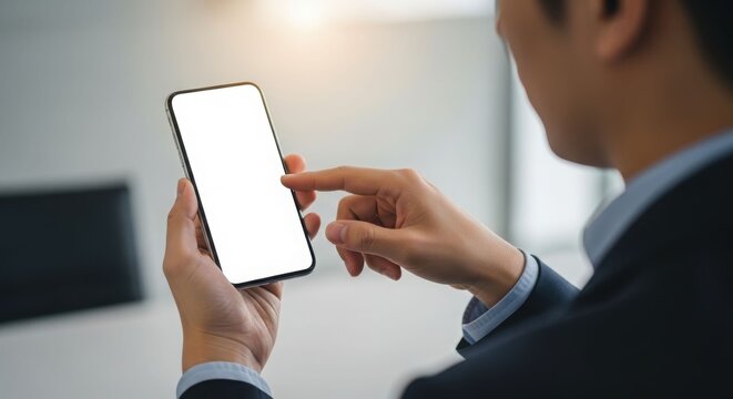 Businessman using smartphone with blank screen, indoors.