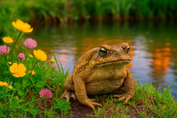 Obraz premium AI-Generated Image from a photograph that captures a toad resting at the edge of a tranquil pond, surrounded by vibrant wildflowers and lush green grasses.