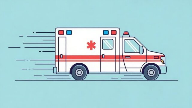 Moving Ambulance Flat Design on Light Blue Background