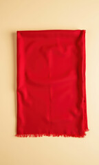 Red fabric with fringed edges on beige background
