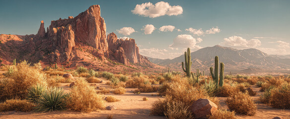 Desert landscape with cacti and red rocks concept. Stunning desert landscape with mountains and vibrant cacti.