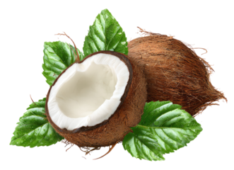 Two halved coconuts, light cream interior, nestled amongst vibrant green leaves, isolated against black