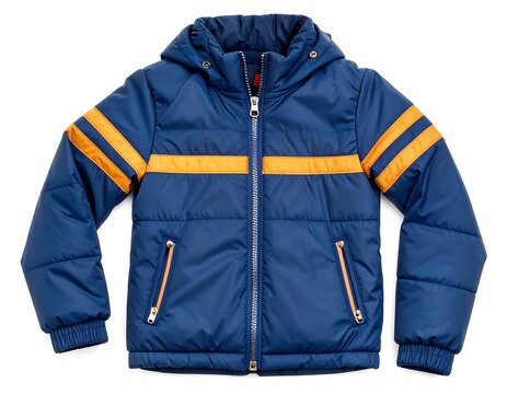 Kids' navy puffer jacket with orange stripes