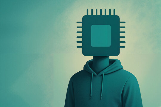 Person with Microchip Head. Stylized human figure in hoodie with computer chip instead of head, teal background. Artificial intelligence, identity loss, digital mind, tech society, machine thinking