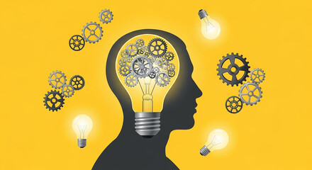 Human head silhouette with light bulb and gears depicting ideas